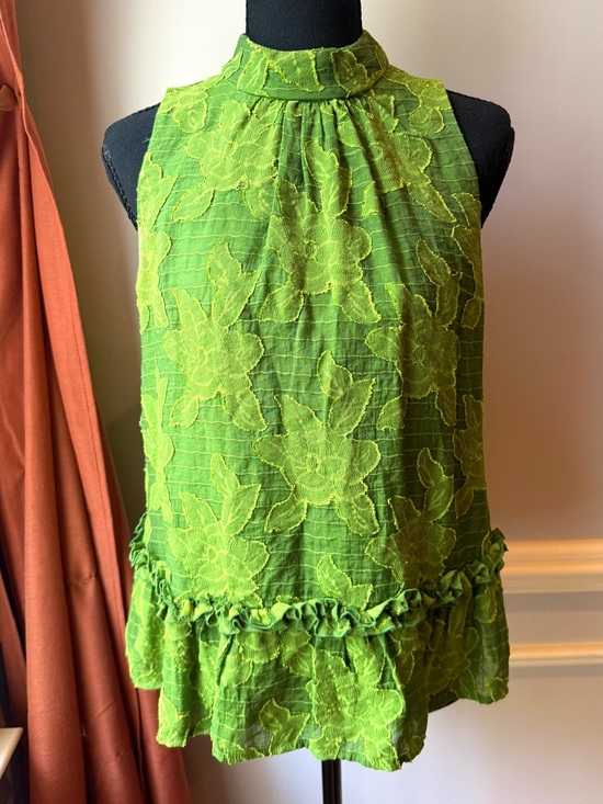 Maeve Tops - Maeve Anthropologie Green Floral Jacquard Mock Neck Ruffle Hem Sleeveless Top